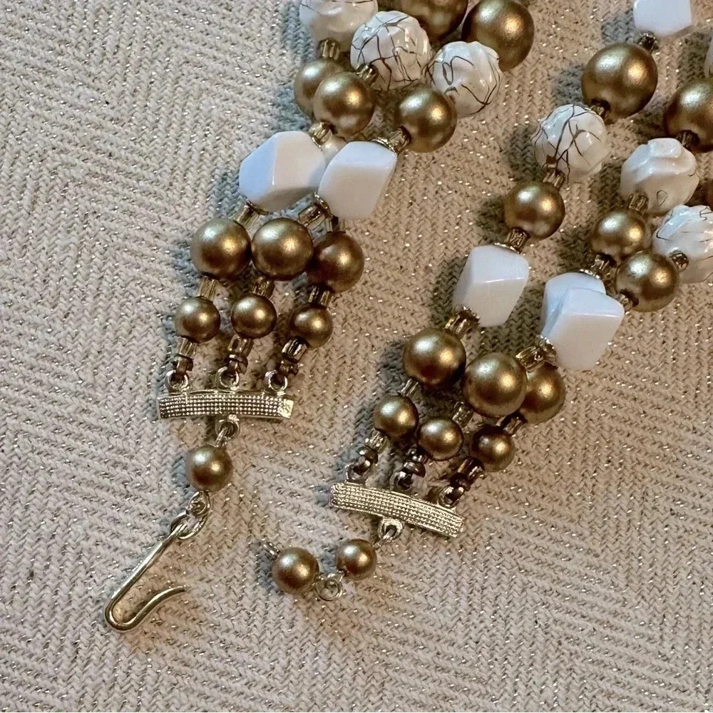 Vintage Signed Japan Gold & White Beaded Statement Necklace Multi-Strand Layered - Picture 11 of 11